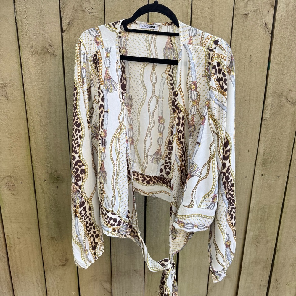 Fashion Nova Animal Print Wrap Blouse - Brown and Cream